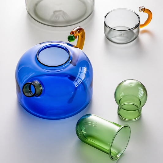 Contrasting Color Heat Resistant Glass Teapot and Cups
