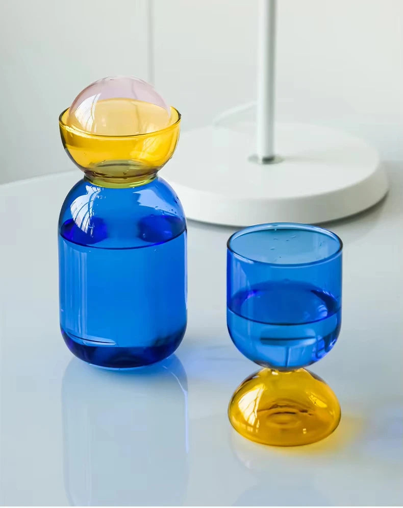 Modern Colorful Art Glass Water Carafe & Cup | Pitcher