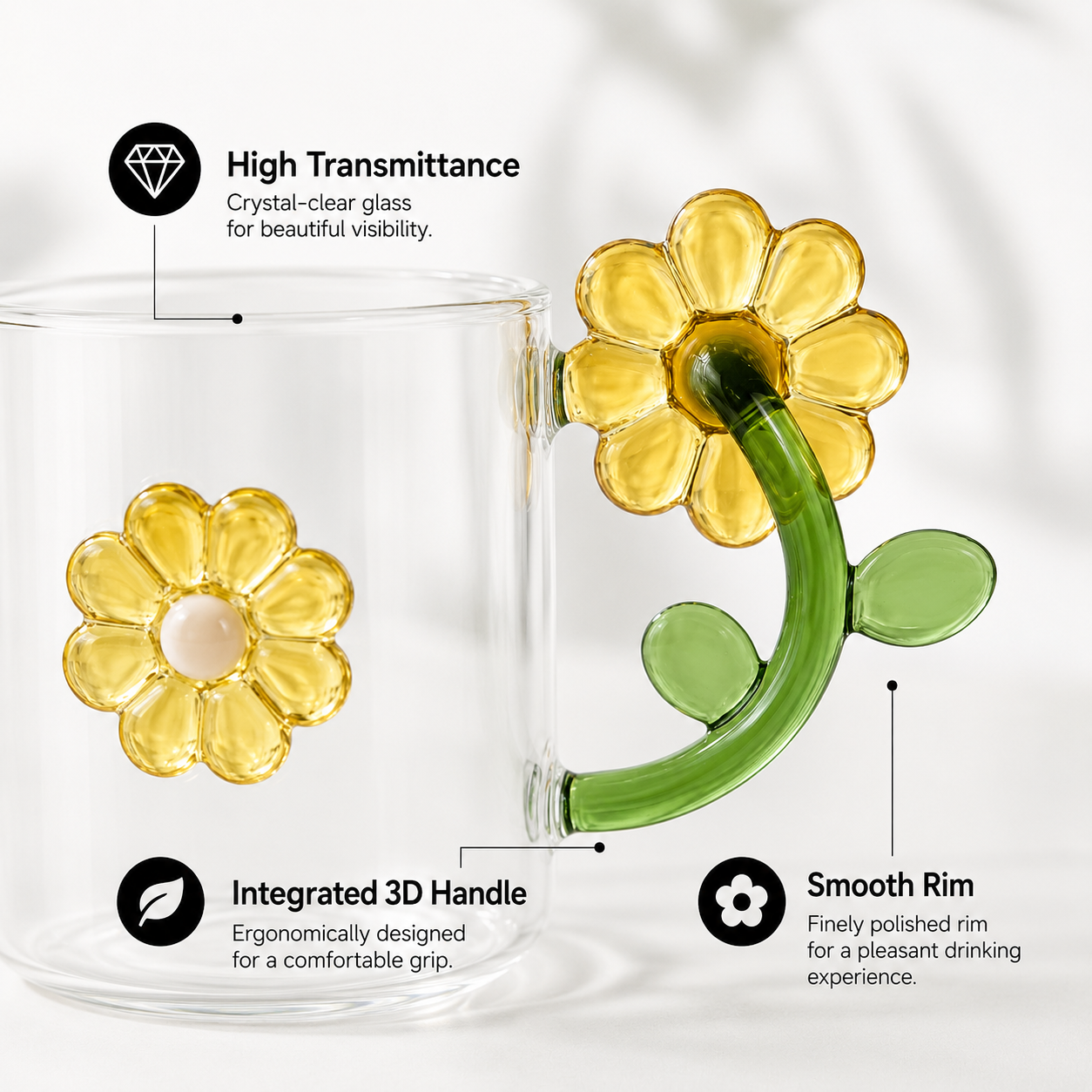 3D Flower Glass Mug | Cute Daisy Coffee Cup with Handle