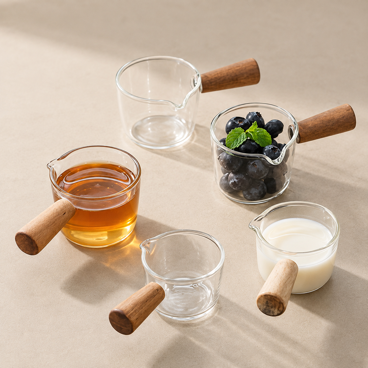 Glass Pouring Cup with Wooden Handle - Espresso & Milk Jug