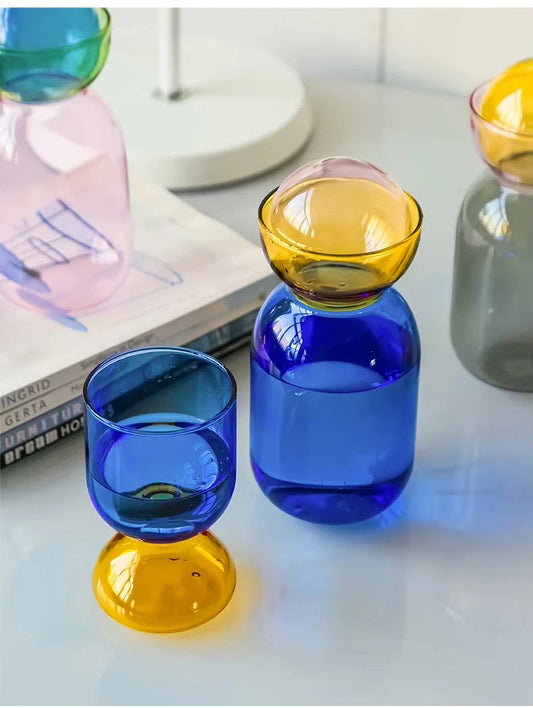 Modern Colorful Art Glass Water Carafe & Cup | Pitcher