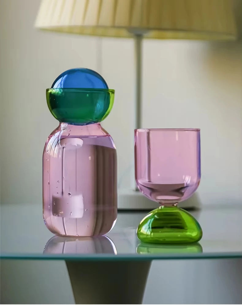 Modern Colorful Art Glass Water Carafe & Cup | Pitcher